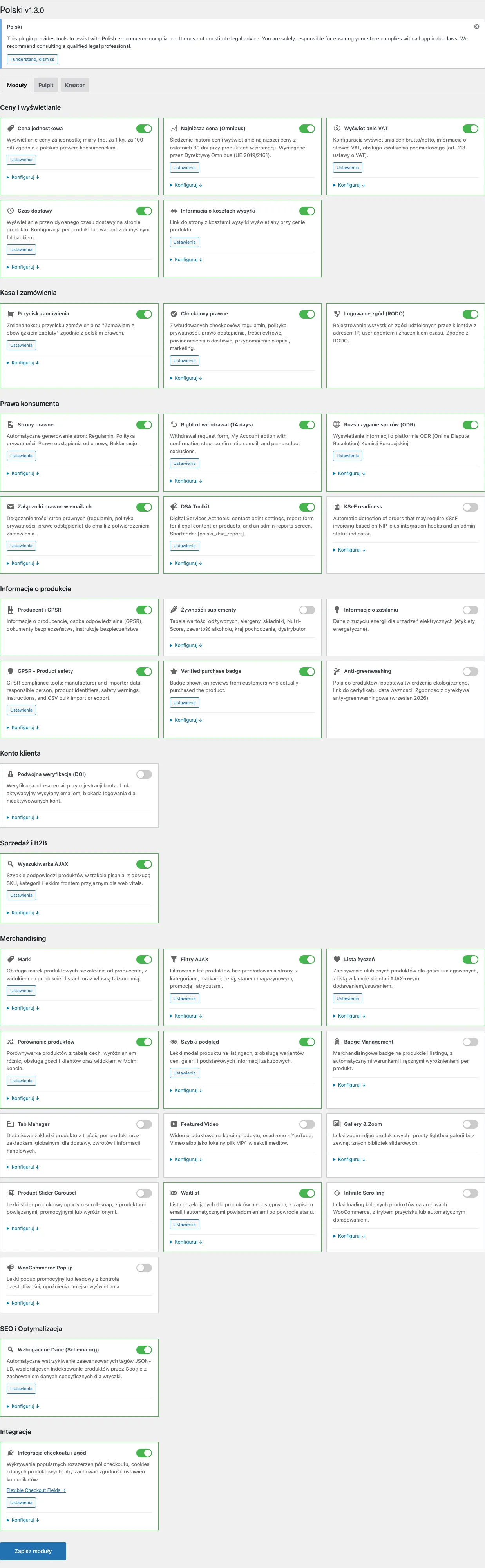 Dashboard modułów Polski for WooCommerce