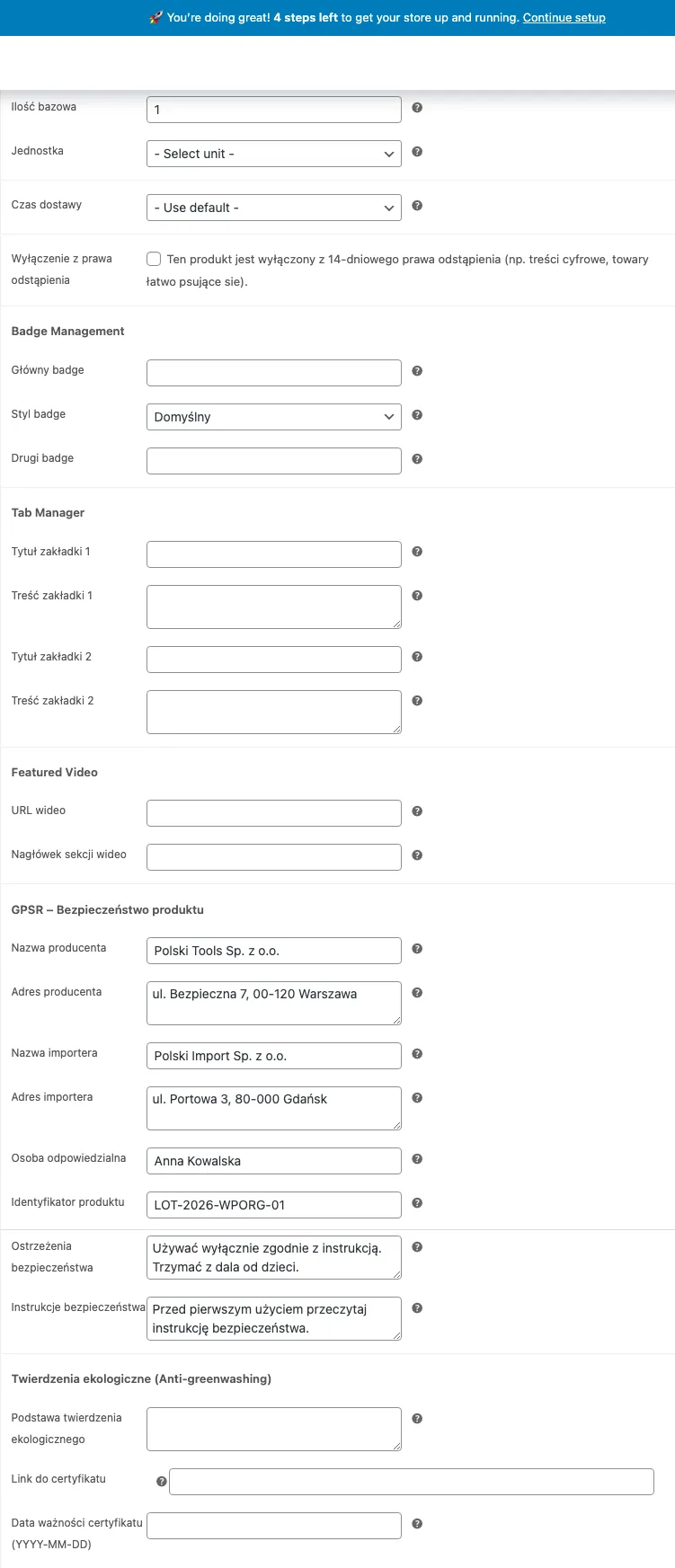 Pola GPSR w edytorze produktu WooCommerce