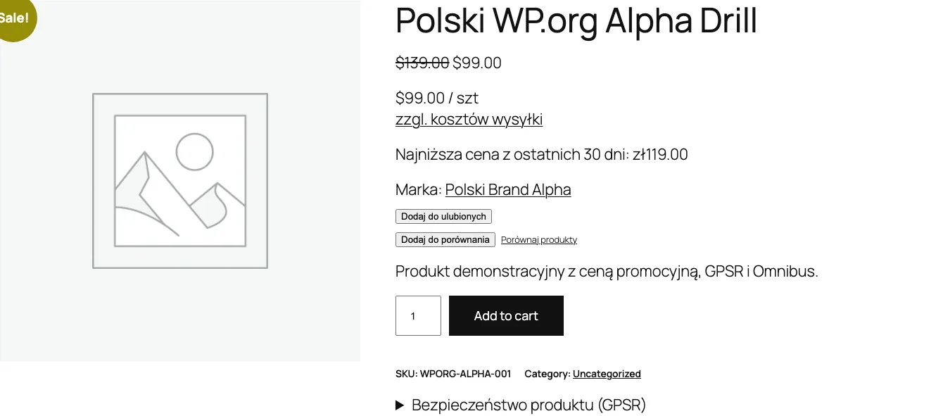 Strona produktu z wyświetloną najniższą ceną Omnibus